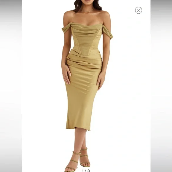 natalya corset off the shoulder satin midi dress Natalya Olive Satin Corset Midi Dress
